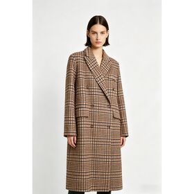 Casaco de Lã Feminino de Alta Qualidade, Corte Reto Médio, Forro de Seda, Tecido Xadrez, para Uso no Inverno