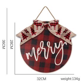 Placa de Madeira Pendurada com Padrão Xadrez 'Feliz Natal' com Laço, Decoração de Porta e Parede para Festas