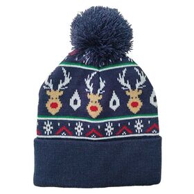 Topi rajut akrilik anak-anak dengan pompom dan logo rusa jacquard