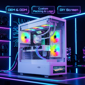 Custom SOEYI White Curved CPU Gaming Computer Cases & Towers White Black Wholesales Computer case Atx with Screen