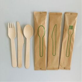 FSC Certified Biodegradable Wooden Cutlery Set Eco Friendly Restaurant Dinnerware 100 Piece Pack Kraft