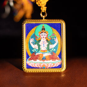 4.5-5.5cm Hand-painted Thangka Tibetan Buddhism Religious Necklace Pendants Four-Armed Avalokitesvara Hanger Ornament Gift Jewelry