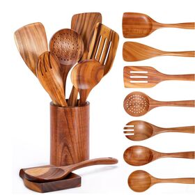 Set Peralatan Masak 9 Buah Spatula Kayu Akasia, Peralatan Masak Kayu Tahan Panas, Termasuk Spatula, Sendok Salad, Sendok Sup, Sendok Mi