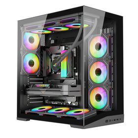 Chasis ATX Gaming Mid-Tower Estilo Vertical con Barra de Luz RGB Transparente de Panel Completo, Soporte 360 AIO, Filtro de Polvo Magnético