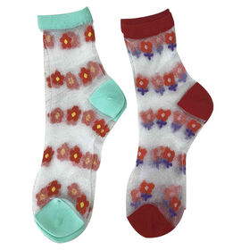 Chaussettes personnalisées pour femmes, mi-chaussettes pour hommes, logo jacquard intégral, autres parties en maille polyester transparente.
