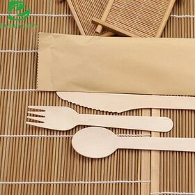 FSC Certified Biodegradable Wooden Cutlery Set 150mm Eco Friendly Natural Birch Wood Knives Spoons Forks for Parties and Camping