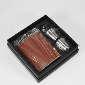 Hochwertiger personalisierter Logo-Flachmann aus PU-Leder für Herren, tragbare Whisky-Wein-Topf-Flaschen-Box-Set