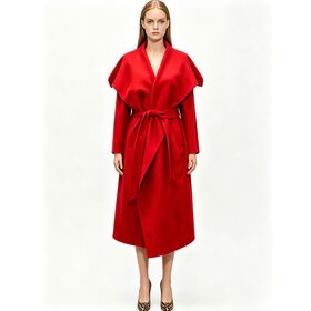 High-End Women Clothes Wholesale Oversize Turn Over Collar Bathrope Style Ladies Handmade Double Face Wool Coat with Waist Belt