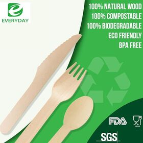 Custom FSC Certified Birchwood Cutlery Eco-Friendly Disposable Wood Dining Set Fish Rice Soup Plates Wholesale