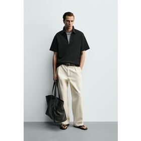 Custom wholesale men's high-quality loose-fit polo shirt with front zip closure and side split hem