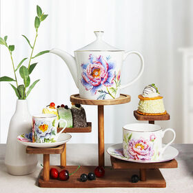 Service à Théière Classique en Porcelaine Chinoise SMF avec Décalcomanie Florale Pivoine, Tasses et Soucoupes Durables, Passe LFGB, pour la Maison et le Café