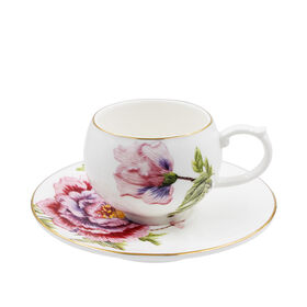 Nachhaltiges Knochenporzellan Kaffee-Tee-Tassen-Unterteller-Set, Pfingstrosenmuster, 250ml, Luxuriöser Europäischer Stil, Farbwechselnd, für Geschenke
