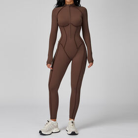 Women's Long Sleeve Half Zip Seam Bodycon Jumpsuit High Neck Stitched Seam Athletic Unitard Workout Yoga wear