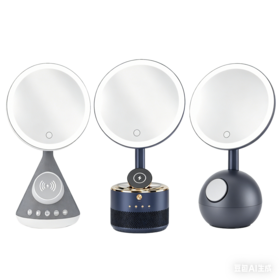 Bluetooth speaker with magnetic wireless charging function, paired with a table makeup mirror with adjustable lights