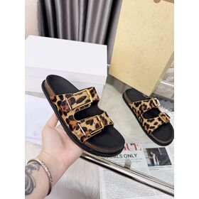 Leopard Print Leather Premium Double Strap Footbed Sandals Men Women's Designer Slides 2026 Summer Slippers Unisex