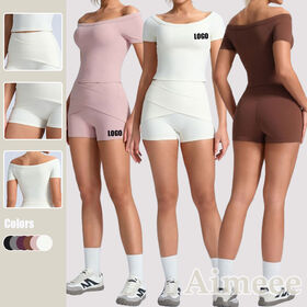 Sports Apparels 2 piece Off Shoulder Tshirt and Short Fitness Wear Gym Yoga Set Women