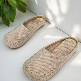 Sandal Selop Datar Mules Wanita Fashion, Ujung Tertutup, Desain Linen, Alas Kaki Nyaman Indoor Outdoor Harian