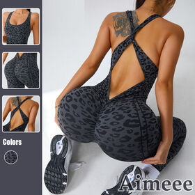One Piece Leopard Print Sports Wear Cross Back Sexy Ruched Gym Jumpsuit Women's