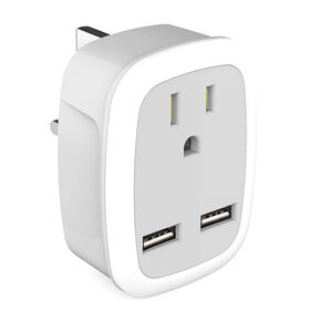 Reiseadapter USA auf UK 250V mit Steckdose, 2 USB-Anschlüsse, 13A Nennstrom, Sicherheits-Schutzklappe, OEM, Einzelsteckdose