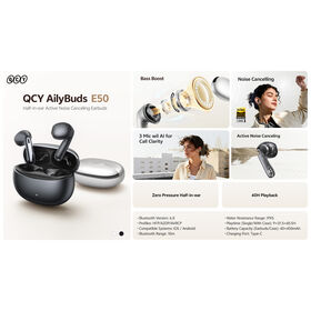 QCY AilyBuds E50 Auriculares sem fios, ANC híbrido 38dB, 6 microfones ENC com AI Clear Call 11mm Dynamic Driver Bluetooth 6.0 Hi-Res LDAC