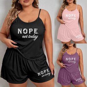 Damen Plus Size Schlafanzug-Set mit Buchstaben-Print, Lockerer Cami-Top & Shorts Loungewear, Auch für Draußen geeignet