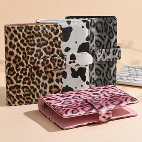Leopard Print PU Leather A6 Binder Wallet Magnetic Buckle Notebook Cover Loose Leaf Personal Budget Planner Binder with Envelopes