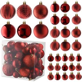36-teiliges rotes Weihnachtsornament-Set, bruchsichere Weihnachtskugeln in 3 Größen und 6 Stilen mit Aufhängeschlaufen für Baum, Kranz und Party