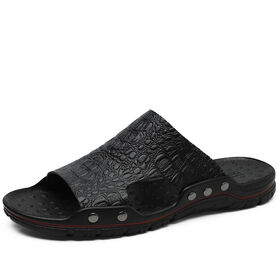 Men Leather Slippers Summer Breathable Quick Dry Beach Sandals Indoor Outdoor Casual Slides Big Size 38 48