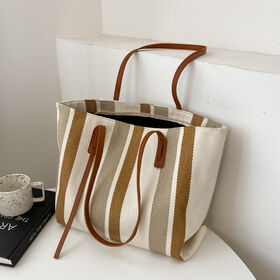 Bolsa de Lona Grande a Rayas, Bolso de Hombro Casual con Asa de Cuero PU para Viajes Diarios y Compras