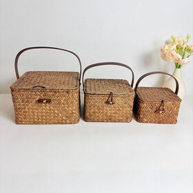 Handwoven Square Seagrass Storage Basket with Lid & Handle, Multipurpose Picnic Hamper & Home Closet Storage Basket Wholesale