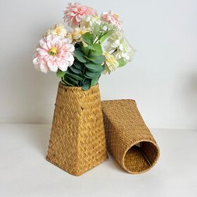 Handmade Taper Cone Seagrass Woven Vase, Square Bottom Natural Straw Dry Flower Container, Rustic Farmhouse Living Room