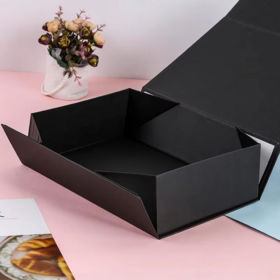New arrival Black Folding Flip Box with Magnetic Flowers Cardboard Gift Box with Bronzing Household Products Shipping Made Paper