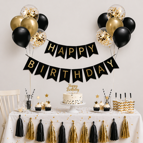 Neuheit Happy Birthday Party Dekorationen Schwarz Gold Banner mit Konfetti-Ballons-Kit Latex Geburtstags-Konfetti-Ballon-Sets