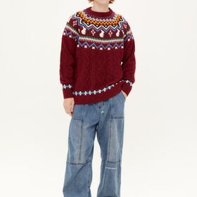 Men's Burgundy Fair Isle Rabbit Motif Cable Knit Crew Neck Sweater Vintage Geometric Jacquard Relaxed Fit Long Sleeve Pullover