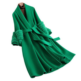 Real Cashmere Wool Long Coat With Detachable Fox Fur Cuff Green Women Coat