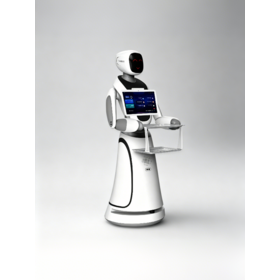 Humanoider Lebensmittellieferroboter mit großem Bildschirm: Autonomer Serviceroboter, Großes Display für Werbung & Interaktion, Mehrere Tabletts, Intelligente Navigation