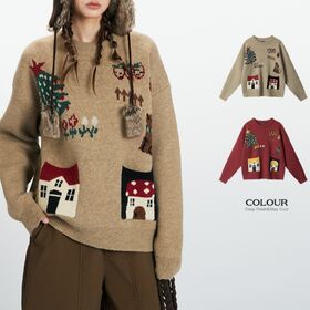 Women's Oatmeal Oversized Crew Neck Sweater Christmas Tree House Dog Cartoon Jacquard Loose Fit Long Sleeve Winter Knit Pullover