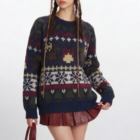Women's Fair Isle Dog Christmas Tree Jacquard Oversized Crew Neck Wool Blend Sweater Holiday Loose Long Sleeve Knit Pullover