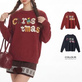 Women's Wine Red Oversized Crew Neck Christmas Letter Jacquard Sweater Cute Mini Xmas Tree Long Sleeve Holiday Knit Pullover