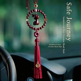 Handmade Red Sandalwood Deer Car Pendant with Cinnabar Beads & Peace Charm, Symbolizes Safe Travel Wholesale Gift Car Hanging