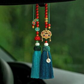 Traditional Chinese Cinnabar Bead Car Hanging Ornament with Auspicious Gourd & Fortune Plaque, Perfect Gift Ruyi lock charm, MOQ50
