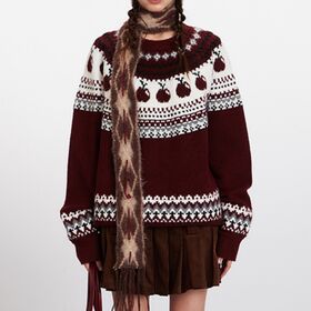 Women's Fair Isle Jacquard Oversized Crew Neck Wool Sweater Vintage Fruit Geometric Pattern Loose Long Sleeve Knit Pullover
