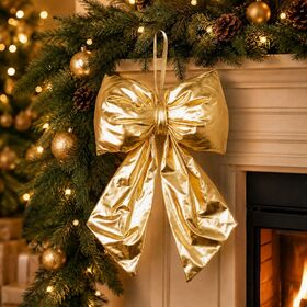 Custom Champagne Gold Christmas Ribbon Bows, Glitter Xmas Tree Topper Ornaments for Holiday Party Wholesale