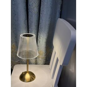 Clear Ribbed Glass Bedside Lamp Minimalist Elegant Design Polished Brass Base and Stem Clear Vertical Ribbed Glass Shade