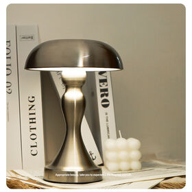 Brushed Metal Mushroom Shade Rechargeable Table Lamp Sculpted Curved Base Touch Activated Control Built in Battery Modern Retro