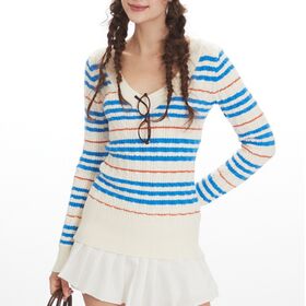 OEM ODM Custom Women's Stripe Cable Knit V-Neck Long Sleeve Slim Fit Sweater Retro Preppy Textured Striped Fitted Knit Top