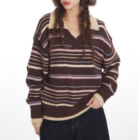 OEM ODM Custom Women Stripe Contrast Cream Collar V Neck Oversized Polo Sweater Drop Shoulder Loose Fit Long Sleeve Knit Pullover