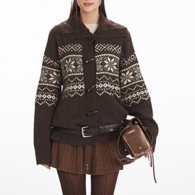 OEM ODM Custom Women's Fair Isle Jacquard Oversized Shawl Collar Horn Button Cardigan Loose Wool Winter Knit Coat