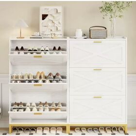 Schuhschrank mit 2/3 Schubladen, Schuhaufbewahrungseinheit aus Holz mit goldenen Metallbeinen, Weiß