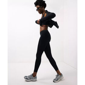 Damen Schwarz High Waist Power Fitness Leggings | Schweißableitende, schnell trocknende, stützende Hose mit Seiten- und Gesäßtaschen + Kordelzug